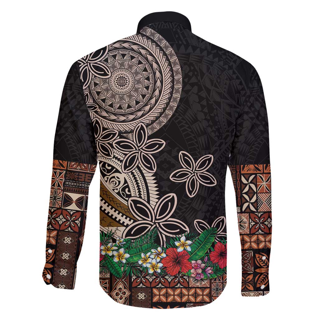 Samoa Siapo Polynesian Art Family Matching Off Shoulder Maxi Dress and Hawaiian Shirt Tropical Flowers and Tatau Pattern Brown LT03 - Polynesian Pride