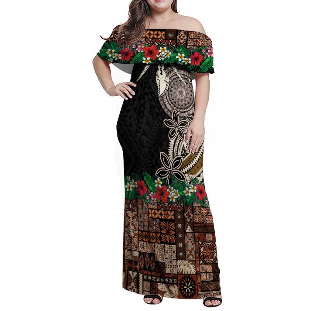 Samoa Siapo Polynesian Art Family Matching Off Shoulder Maxi Dress and Hawaiian Shirt Tropical Flowers and Tatau Pattern Brown LT03 Mom's Dress Brown - Polynesian Pride