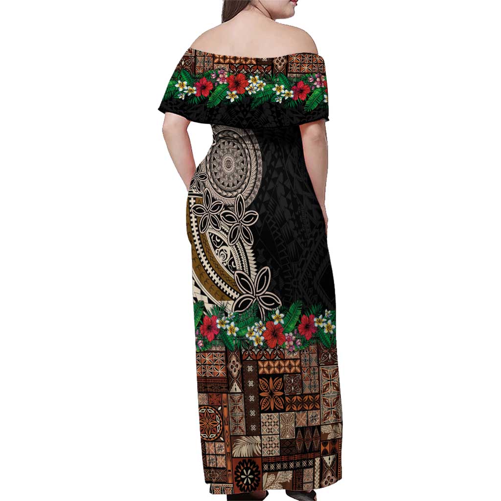 Samoa Siapo Polynesian Art Family Matching Off Shoulder Maxi Dress and Hawaiian Shirt Tropical Flowers and Tatau Pattern Brown LT03 - Polynesian Pride