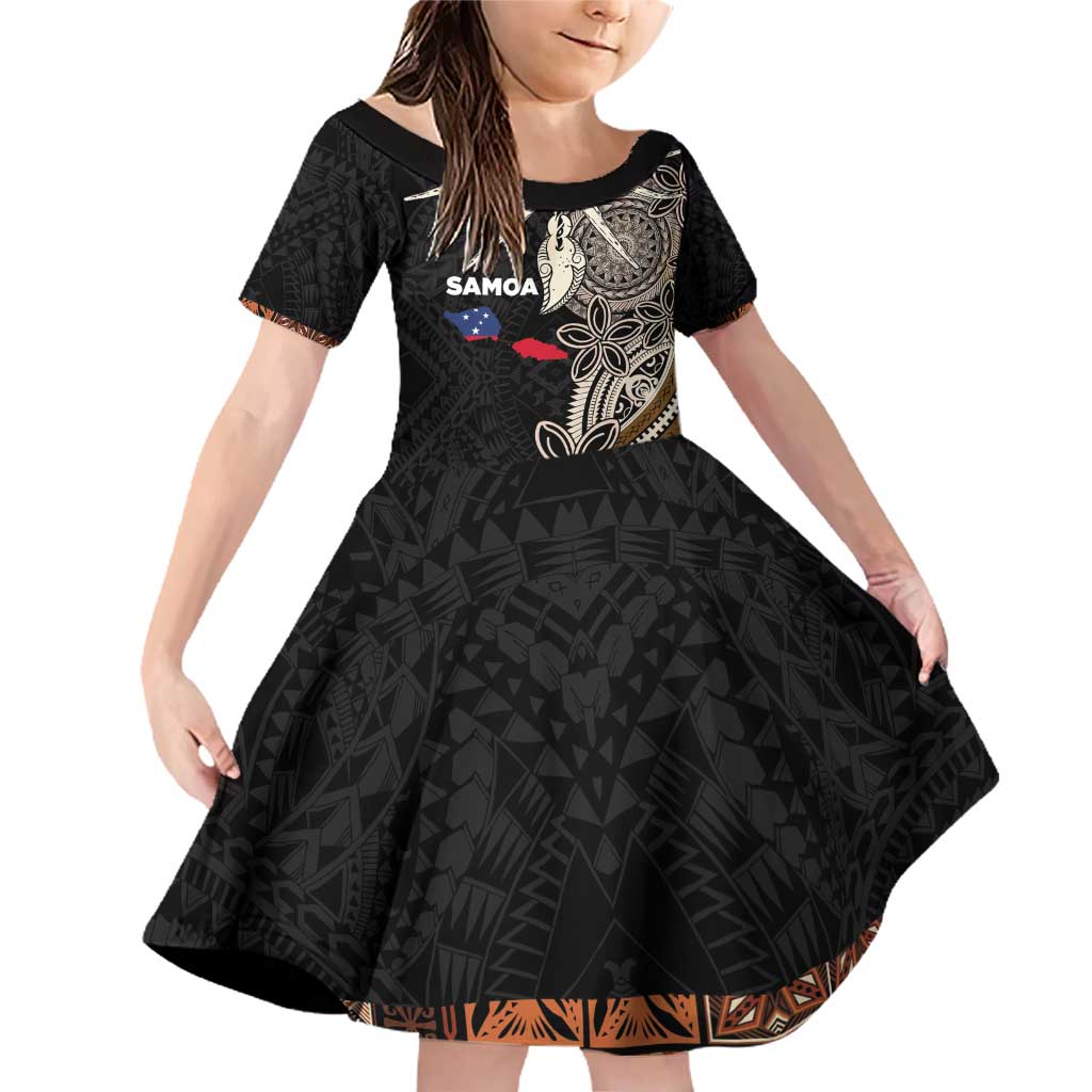 Samoa Siapo Polynesian Art Family Matching Off Shoulder Short Dress and Hawaiian Shirt Tropical Flowers and Tatau Pattern Brown LT03 Daughter's Dress Brown - Polynesian Pride