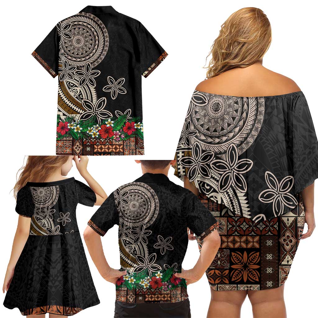Samoa Siapo Polynesian Art Family Matching Off Shoulder Short Dress and Hawaiian Shirt Tropical Flowers and Tatau Pattern Brown LT03 - Polynesian Pride