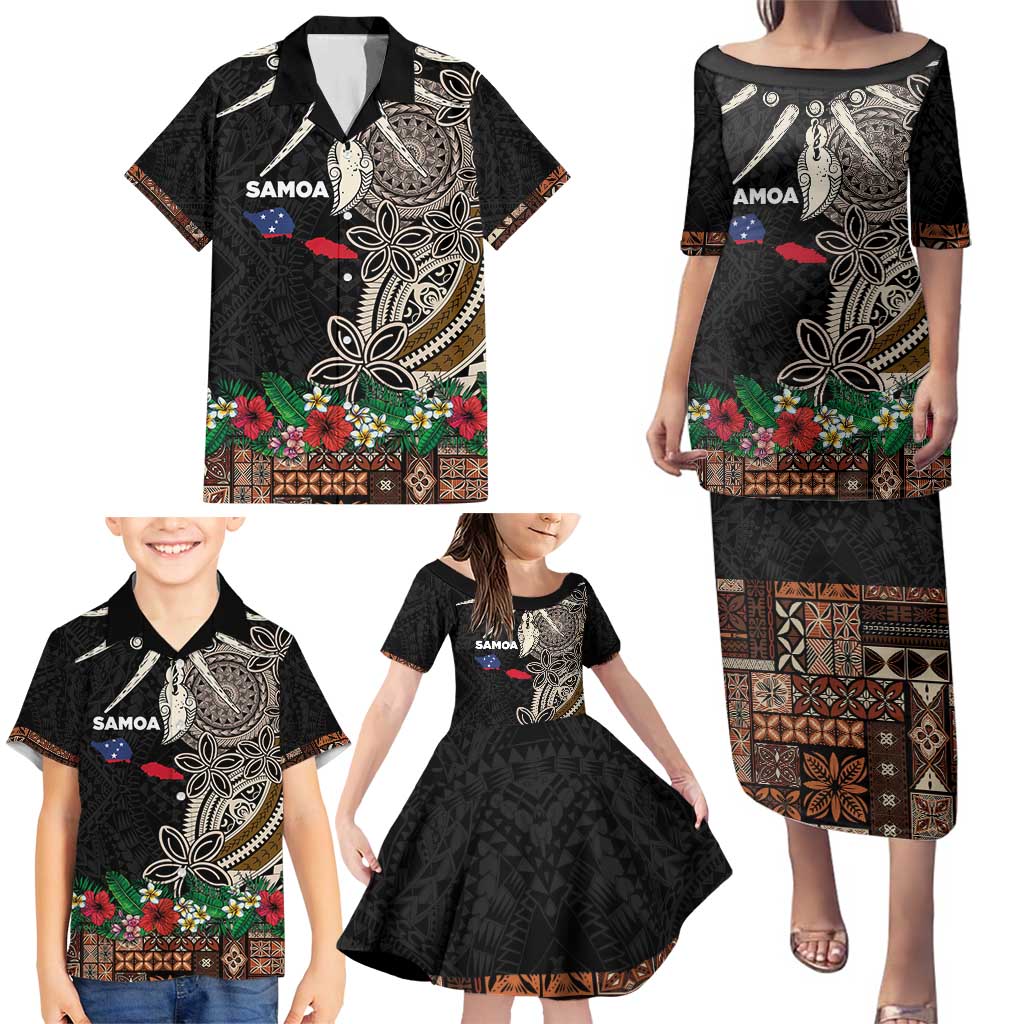 Samoa Siapo Polynesian Art Family Matching Puletasi and Hawaiian Shirt Tropical Flowers and Tatau Pattern Brown LT03 - Polynesian Pride