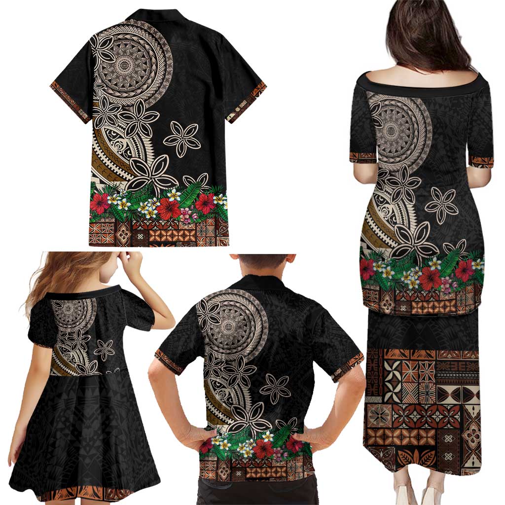 Samoa Siapo Polynesian Art Family Matching Puletasi and Hawaiian Shirt Tropical Flowers and Tatau Pattern Brown LT03 - Polynesian Pride