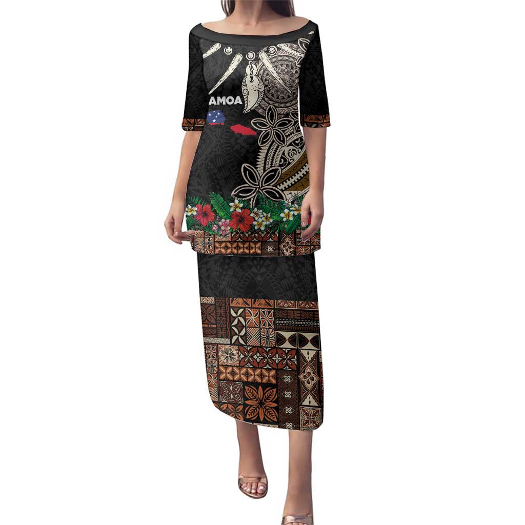 Samoa Siapo Polynesian Art Family Matching Puletasi and Hawaiian Shirt Tropical Flowers and Tatau Pattern Brown LT03 Mom's Dress Brown - Polynesian Pride