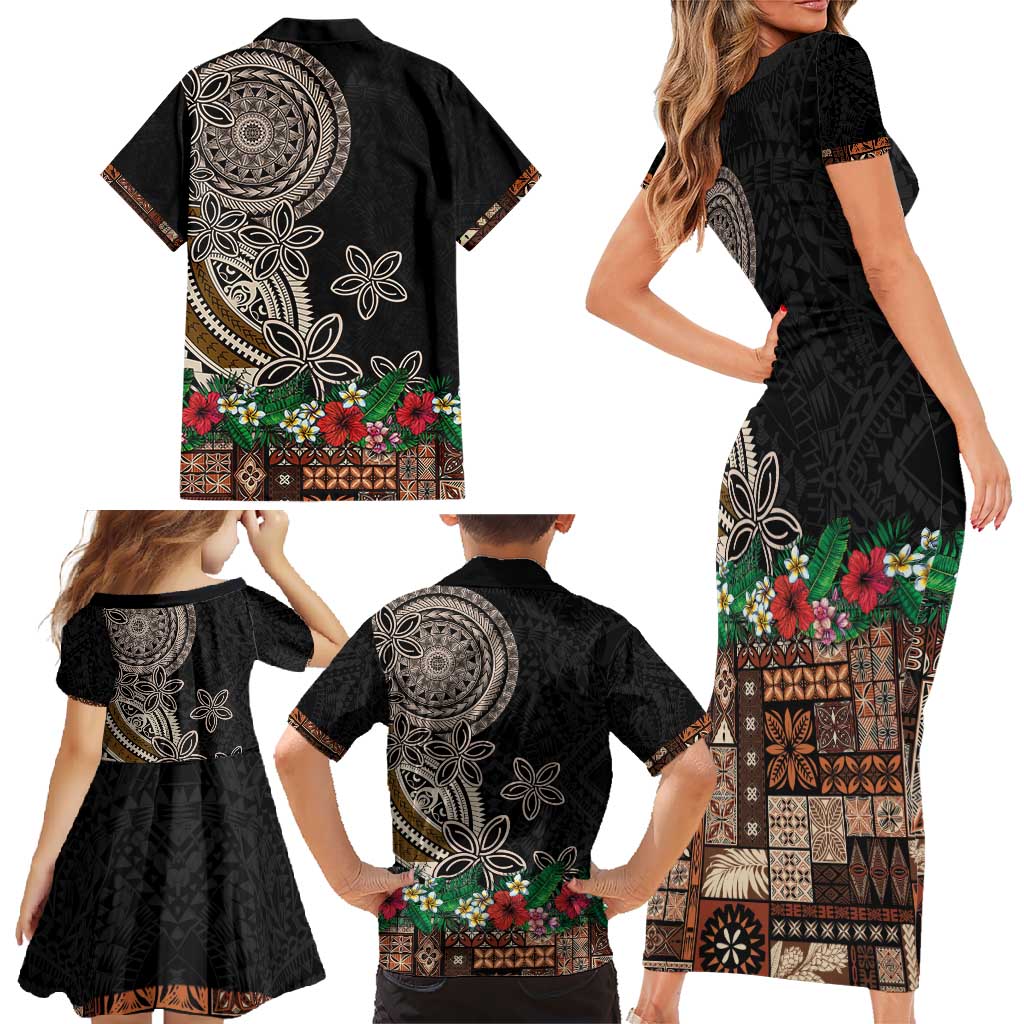 Samoa Siapo Polynesian Art Family Matching Short Sleeve Bodycon Dress and Hawaiian Shirt Tropical Flowers and Tatau Pattern Brown LT03 - Polynesian Pride