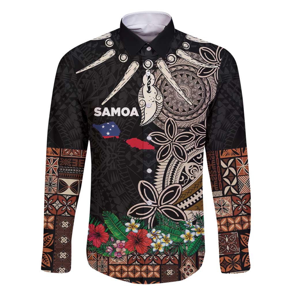 Samoa Siapo Polynesian Art Family Matching Short Sleeve Bodycon Dress and Hawaiian Shirt Tropical Flowers and Tatau Pattern Brown LT03 Dad's Shirt - Long Sleeve Brown - Polynesian Pride