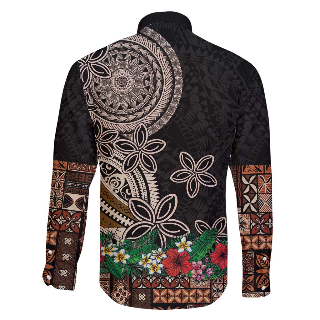 Samoa Siapo Polynesian Art Family Matching Short Sleeve Bodycon Dress and Hawaiian Shirt Tropical Flowers and Tatau Pattern Brown LT03 - Polynesian Pride