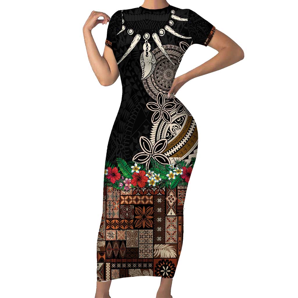 Samoa Siapo Polynesian Art Family Matching Short Sleeve Bodycon Dress and Hawaiian Shirt Tropical Flowers and Tatau Pattern Brown LT03 Mom's Dress Brown - Polynesian Pride