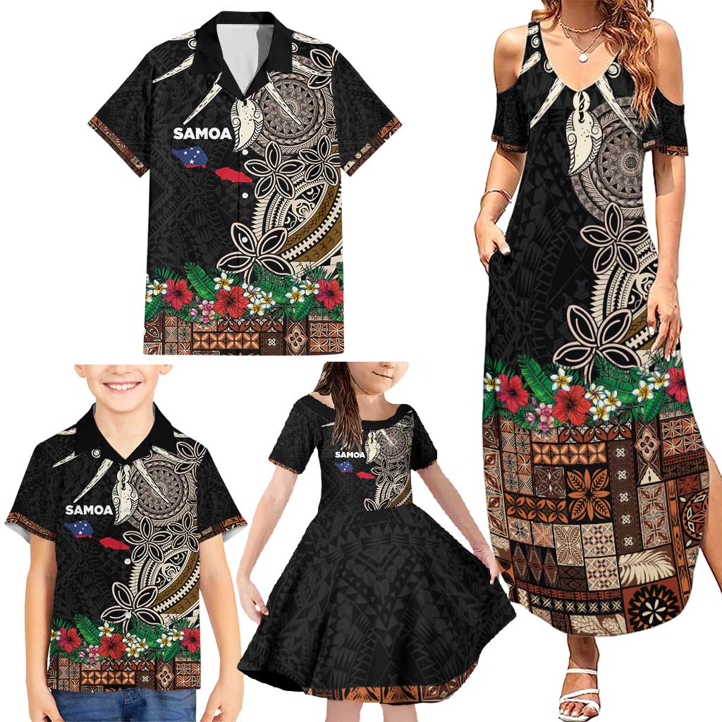 Samoa Siapo Polynesian Art Family Matching Summer Maxi Dress and Hawaiian Shirt Tropical Flowers and Tatau Pattern Brown LT03 - Polynesian Pride
