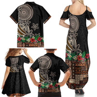 Samoa Siapo Polynesian Art Family Matching Summer Maxi Dress and Hawaiian Shirt Tropical Flowers and Tatau Pattern Brown LT03 - Polynesian Pride