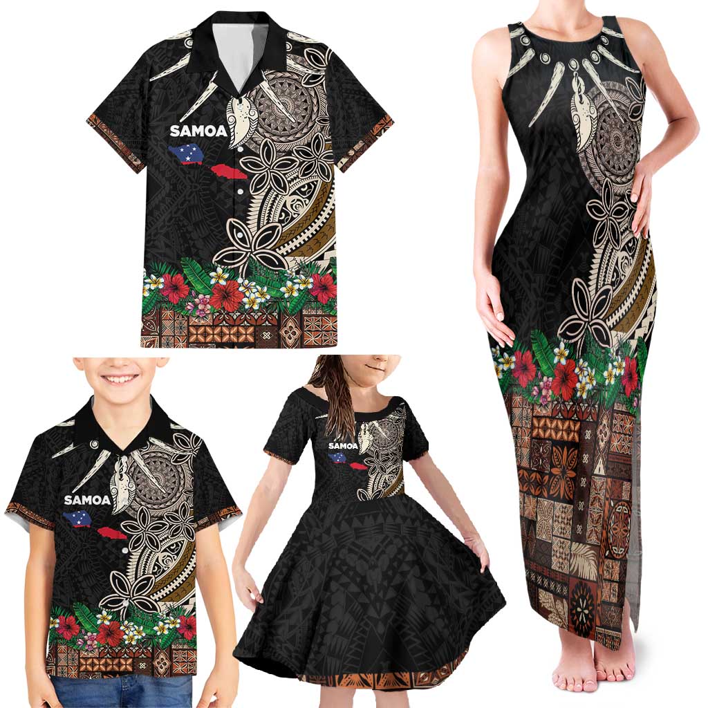 Samoa Siapo Polynesian Art Family Matching Tank Maxi Dress and Hawaiian Shirt Tropical Flowers and Tatau Pattern Brown LT03 - Polynesian Pride