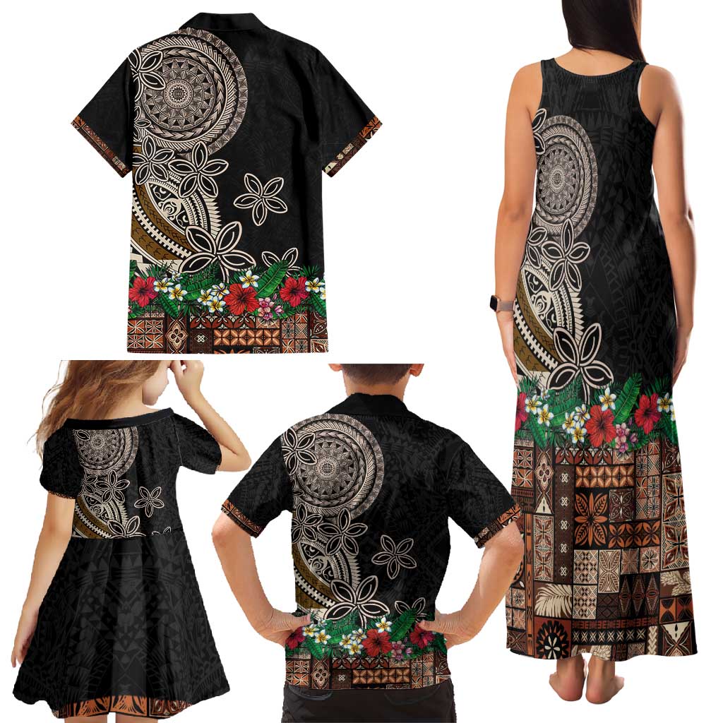 Samoa Siapo Polynesian Art Family Matching Tank Maxi Dress and Hawaiian Shirt Tropical Flowers and Tatau Pattern Brown LT03 - Polynesian Pride