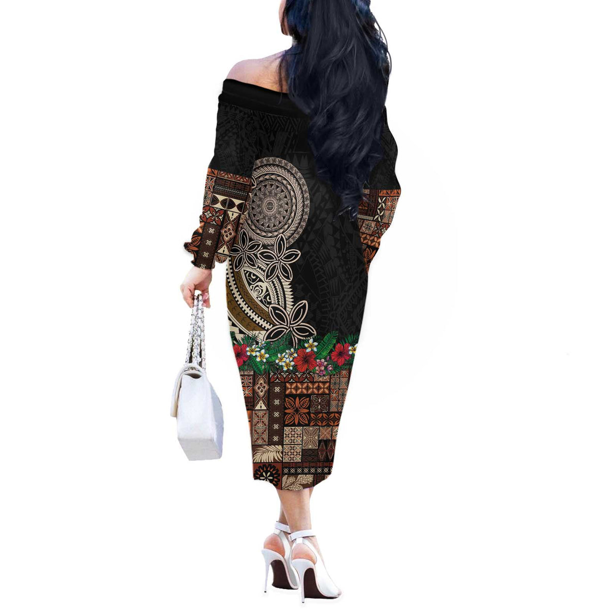Samoa Siapo Polynesian Art Off The Shoulder Long Sleeve Dress Tropical Flowers and Tatau Pattern Brown