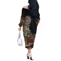 Samoa Siapo Polynesian Art Off The Shoulder Long Sleeve Dress Tropical Flowers and Tatau Pattern Brown