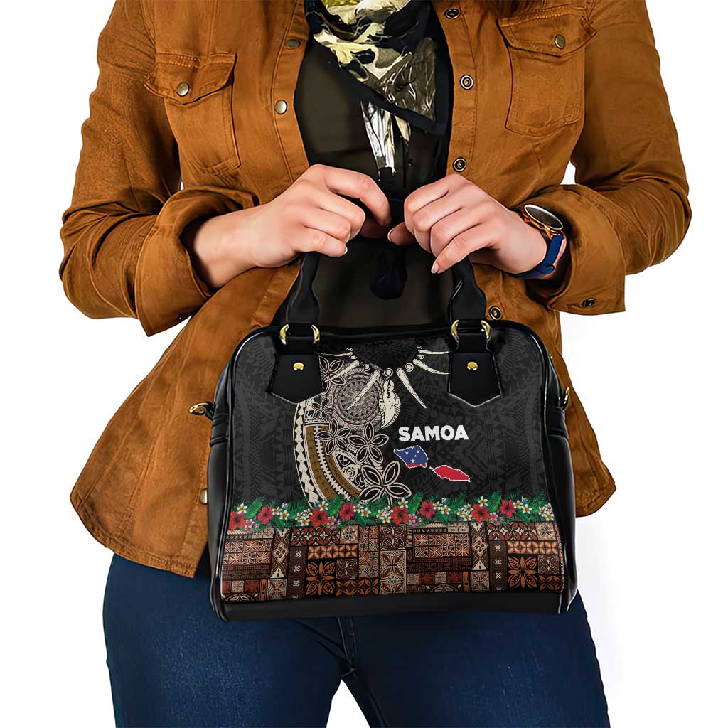 Samoa Siapo Polynesian Art Shoulder Handbag Tropical Flowers and Tatau Pattern Brown