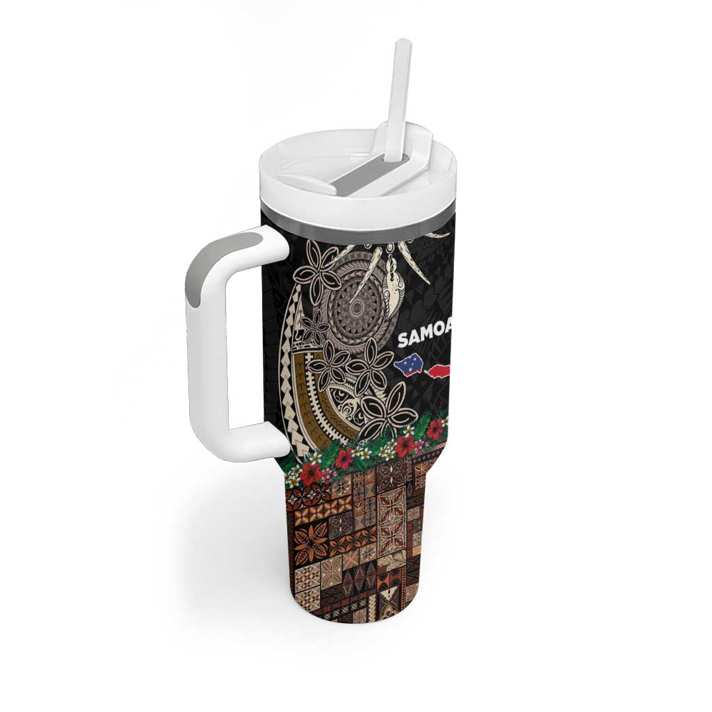 Samoa Siapo Polynesian Art Tumbler With Handle Tropical Flowers and Tatau Pattern Brown