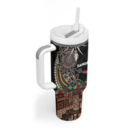 Samoa Siapo Polynesian Art Tumbler With Handle Tropical Flowers and Tatau Pattern Brown