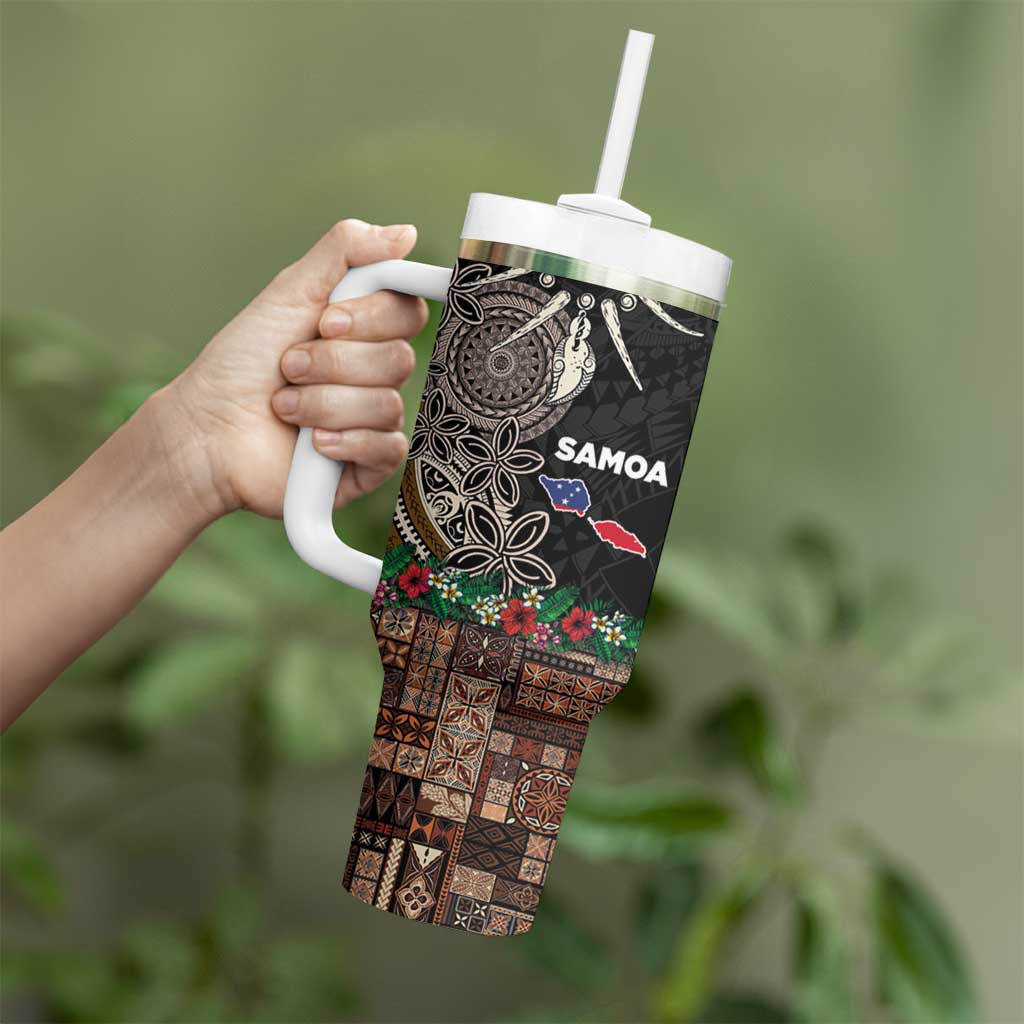 Samoa Siapo Polynesian Art Tumbler With Handle Tropical Flowers and Tatau Pattern Brown