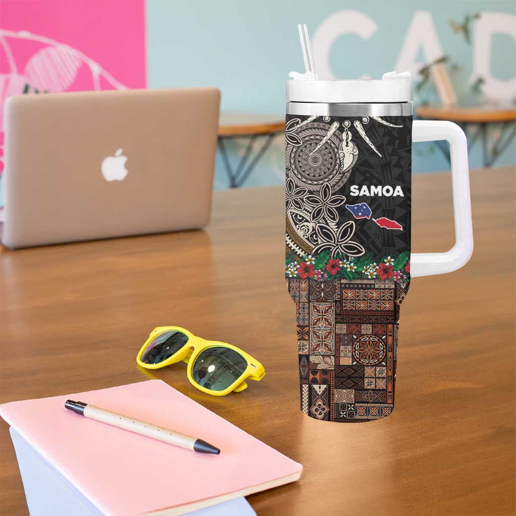 Samoa Siapo Polynesian Art Tumbler With Handle Tropical Flowers and Tatau Pattern Brown