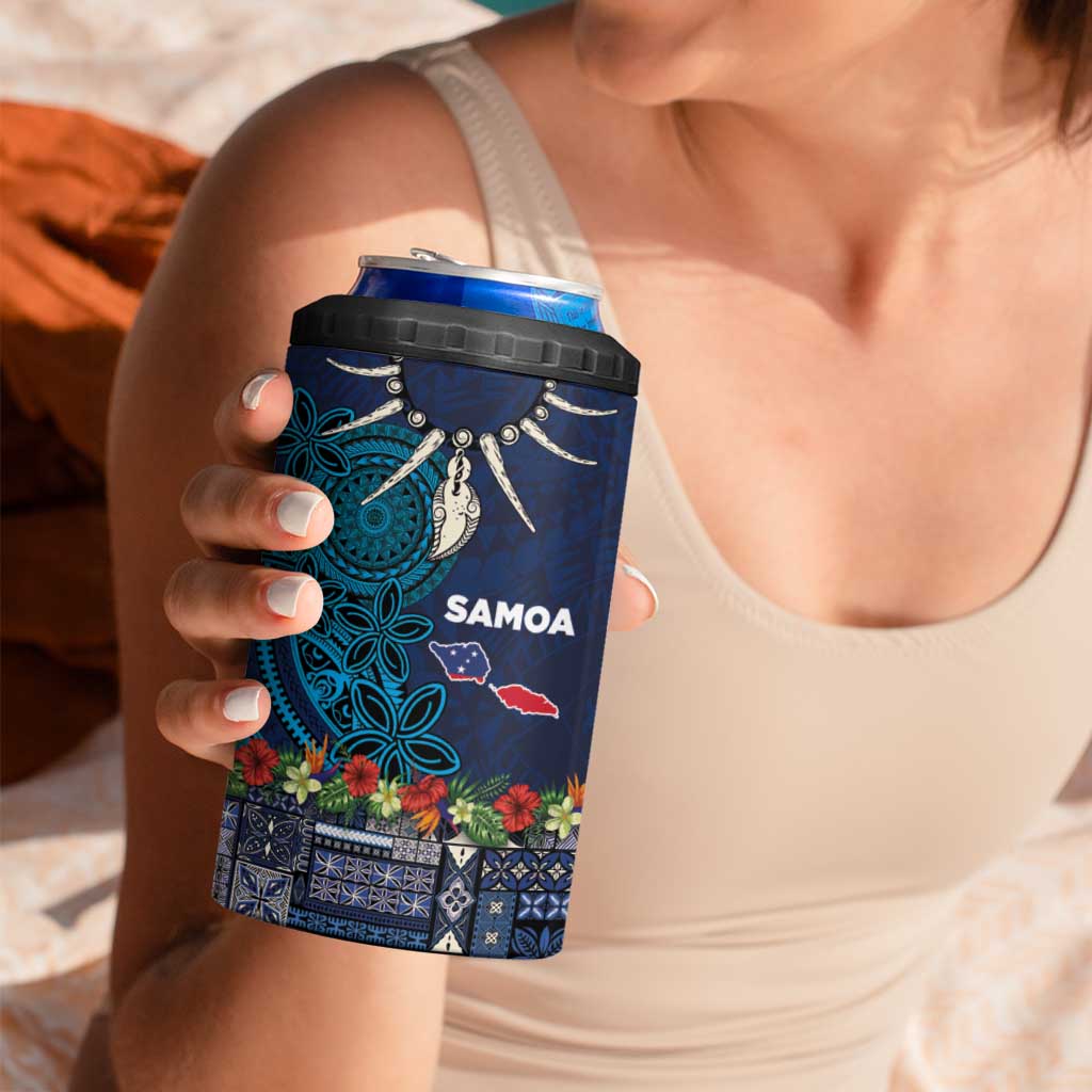 Samoa Siapo Polynesian Art 4 in 1 Can Cooler Tumbler Tropical Flowers and Tatau Pattern Navy