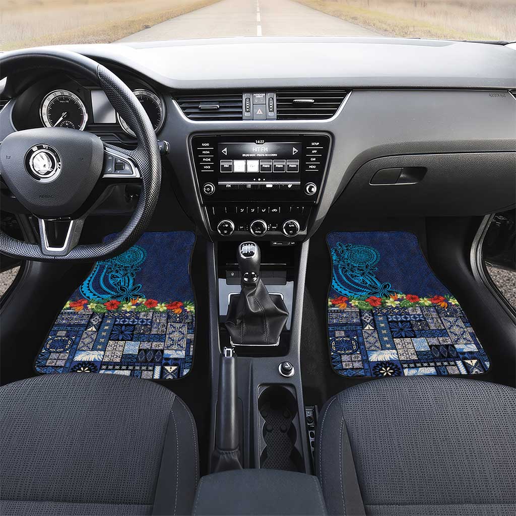 Samoa Siapo Polynesian Art Car Mats Tropical Flowers and Tatau Pattern Navy