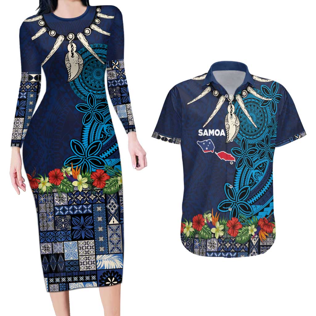 Samoa Siapo Polynesian Art Couples Matching Long Sleeve Bodycon Dress and Hawaiian Shirt Tropical Flowers and Tatau Pattern Navy LT03 Navy - Polynesian Pride