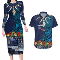 Samoa Siapo Polynesian Art Couples Matching Long Sleeve Bodycon Dress and Hawaiian Shirt Tropical Flowers and Tatau Pattern Navy LT03 Navy - Polynesian Pride