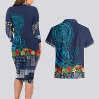 Samoa Siapo Polynesian Art Couples Matching Long Sleeve Bodycon Dress and Hawaiian Shirt Tropical Flowers and Tatau Pattern Navy LT03 - Polynesian Pride
