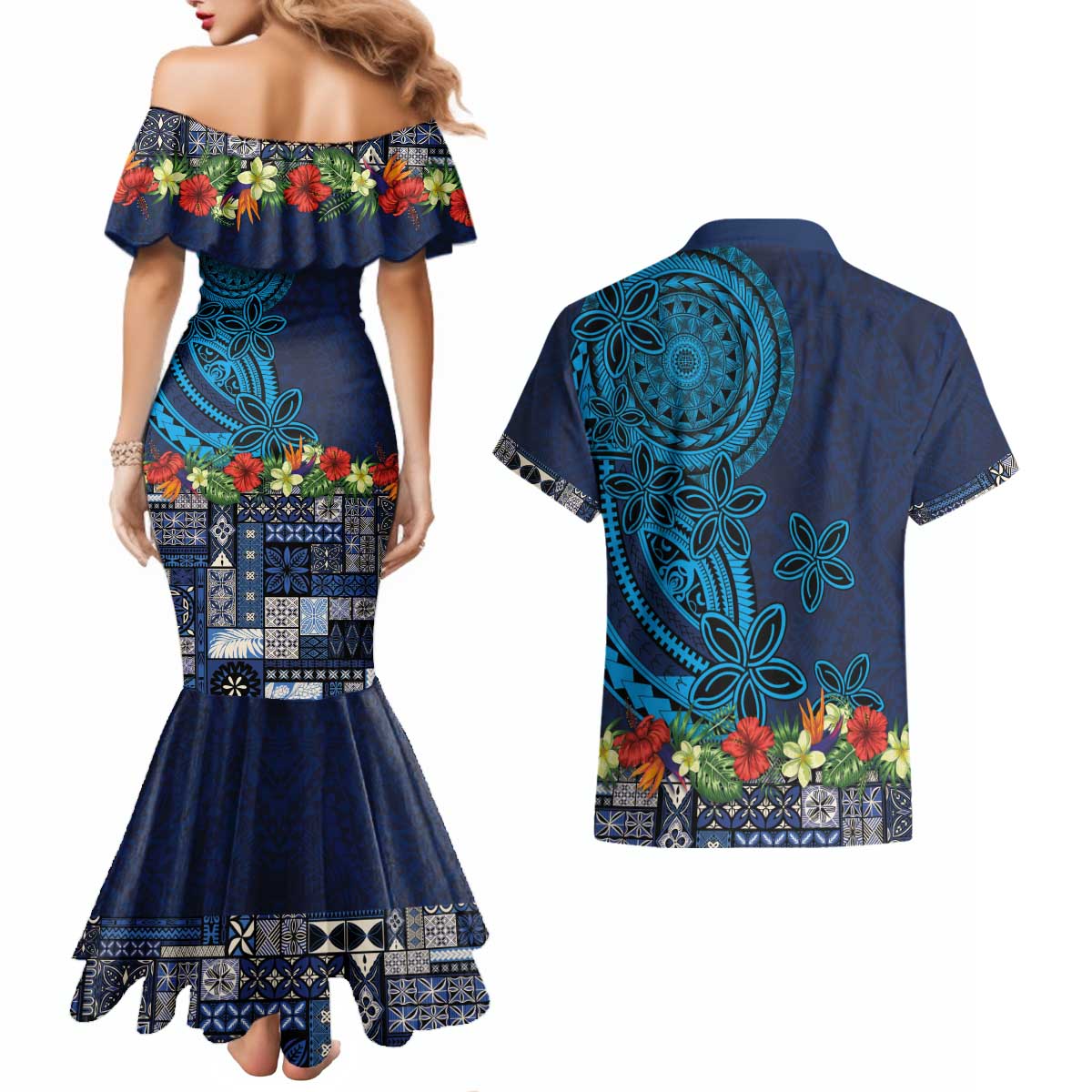 Samoa Siapo Polynesian Art Couples Matching Mermaid Dress and Hawaiian Shirt Tropical Flowers and Tatau Pattern Navy LT03 - Polynesian Pride