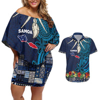 Samoa Siapo Polynesian Art Couples Matching Off Shoulder Short Dress and Hawaiian Shirt Tropical Flowers and Tatau Pattern Navy LT03 Navy - Polynesian Pride