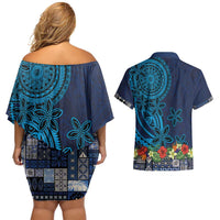 Samoa Siapo Polynesian Art Couples Matching Off Shoulder Short Dress and Hawaiian Shirt Tropical Flowers and Tatau Pattern Navy LT03 - Polynesian Pride