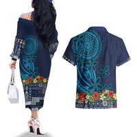 Samoa Siapo Polynesian Art Couples Matching Off The Shoulder Long Sleeve Dress and Hawaiian Shirt Tropical Flowers and Tatau Pattern Navy LT03 - Polynesian Pride