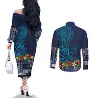 Samoa Siapo Polynesian Art Couples Matching Off The Shoulder Long Sleeve Dress and Long Sleeve Button Shirt Tropical Flowers and Tatau Pattern Navy LT03 - Polynesian Pride