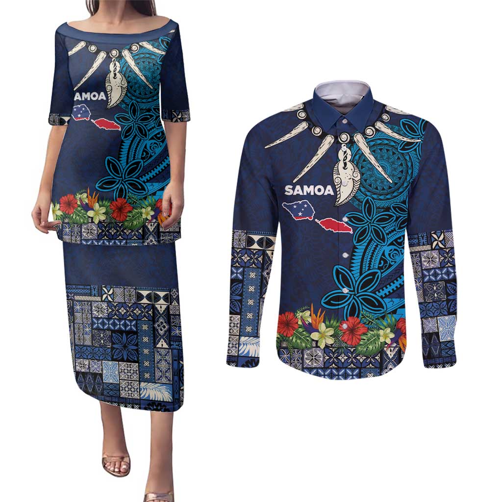 Samoa Siapo Polynesian Art Couples Matching Puletasi and Long Sleeve Button Shirt Tropical Flowers and Tatau Pattern Navy