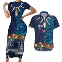 Samoa Siapo Polynesian Art Couples Matching Short Sleeve Bodycon Dress and Hawaiian Shirt Tropical Flowers and Tatau Pattern Navy LT03 Navy - Polynesian Pride