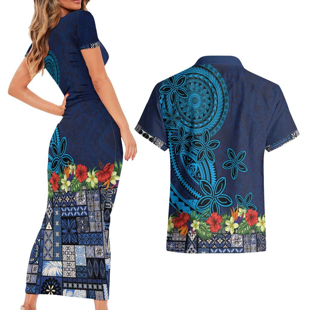 Samoa Siapo Polynesian Art Couples Matching Short Sleeve Bodycon Dress and Hawaiian Shirt Tropical Flowers and Tatau Pattern Navy LT03 - Polynesian Pride