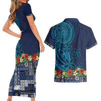 Samoa Siapo Polynesian Art Couples Matching Short Sleeve Bodycon Dress and Hawaiian Shirt Tropical Flowers and Tatau Pattern Navy LT03 - Polynesian Pride