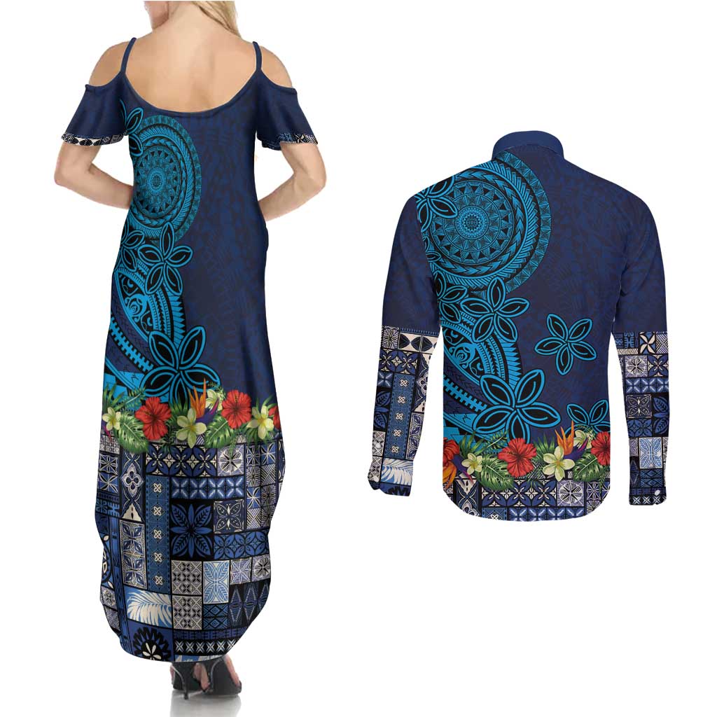 Samoa Siapo Polynesian Art Couples Matching Summer Maxi Dress and Long Sleeve Button Shirt Tropical Flowers and Tatau Pattern Navy