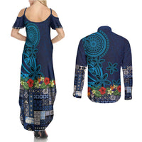 Samoa Siapo Polynesian Art Couples Matching Summer Maxi Dress and Long Sleeve Button Shirt Tropical Flowers and Tatau Pattern Navy