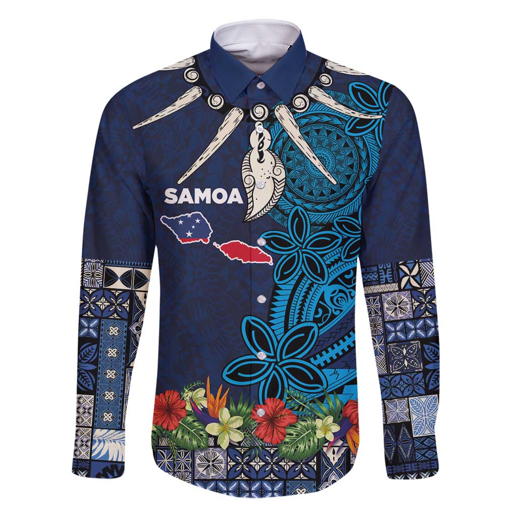 Samoa Siapo Polynesian Art Family Matching Long Sleeve Bodycon Dress and Hawaiian Shirt Tropical Flowers and Tatau Pattern Navy LT03 Dad's Shirt - Long Sleeve Navy - Polynesian Pride