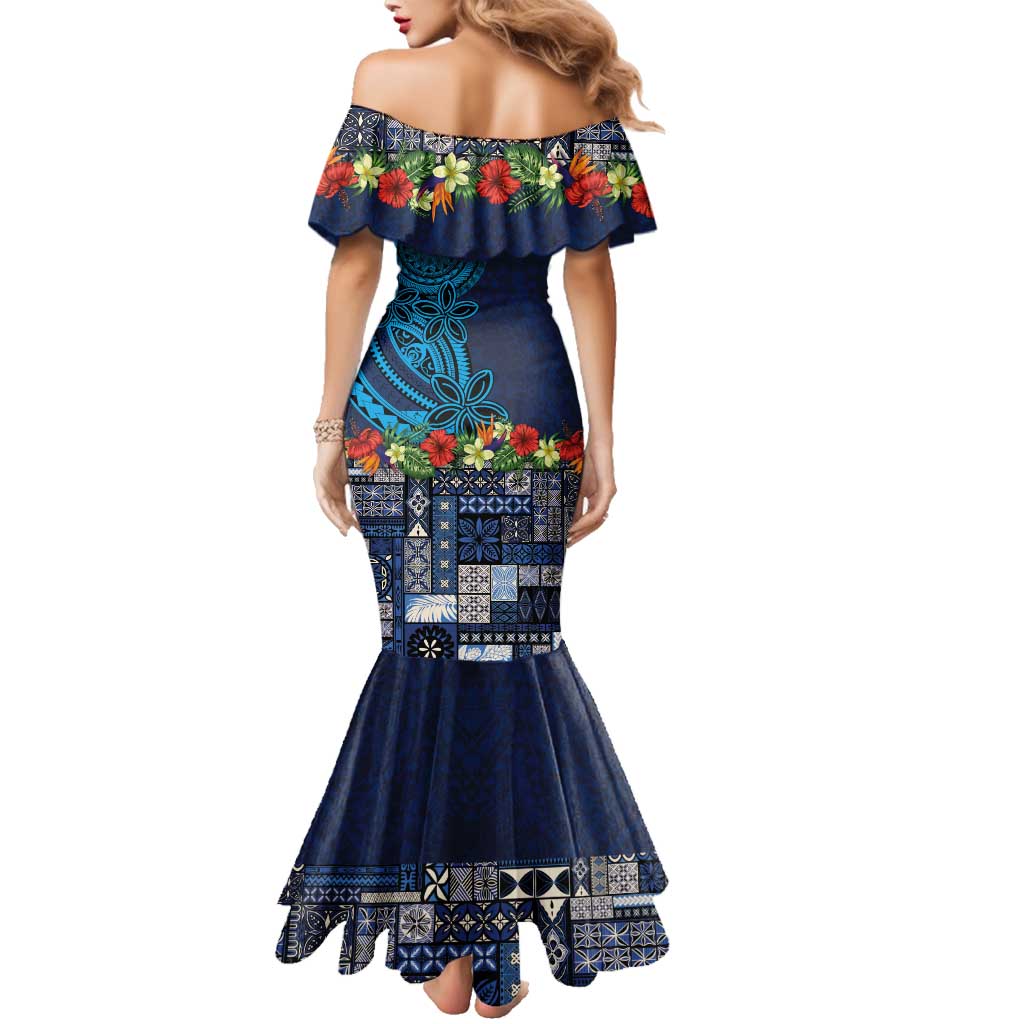 Samoa Siapo Polynesian Art Family Matching Mermaid Dress and Hawaiian Shirt Tropical Flowers and Tatau Pattern Navy LT03 - Polynesian Pride