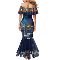 Samoa Siapo Polynesian Art Family Matching Mermaid Dress and Hawaiian Shirt Tropical Flowers and Tatau Pattern Navy LT03 - Polynesian Pride