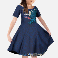 Samoa Siapo Polynesian Art Family Matching Off The Shoulder Long Sleeve Dress and Hawaiian Shirt Tropical Flowers and Tatau Pattern Navy LT03 Daughter's Dress Navy - Polynesian Pride