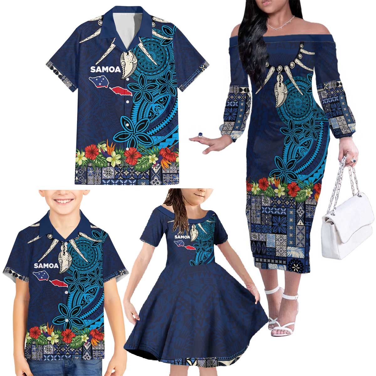Samoa Siapo Polynesian Art Family Matching Off The Shoulder Long Sleeve Dress and Hawaiian Shirt Tropical Flowers and Tatau Pattern Navy LT03 - Polynesian Pride