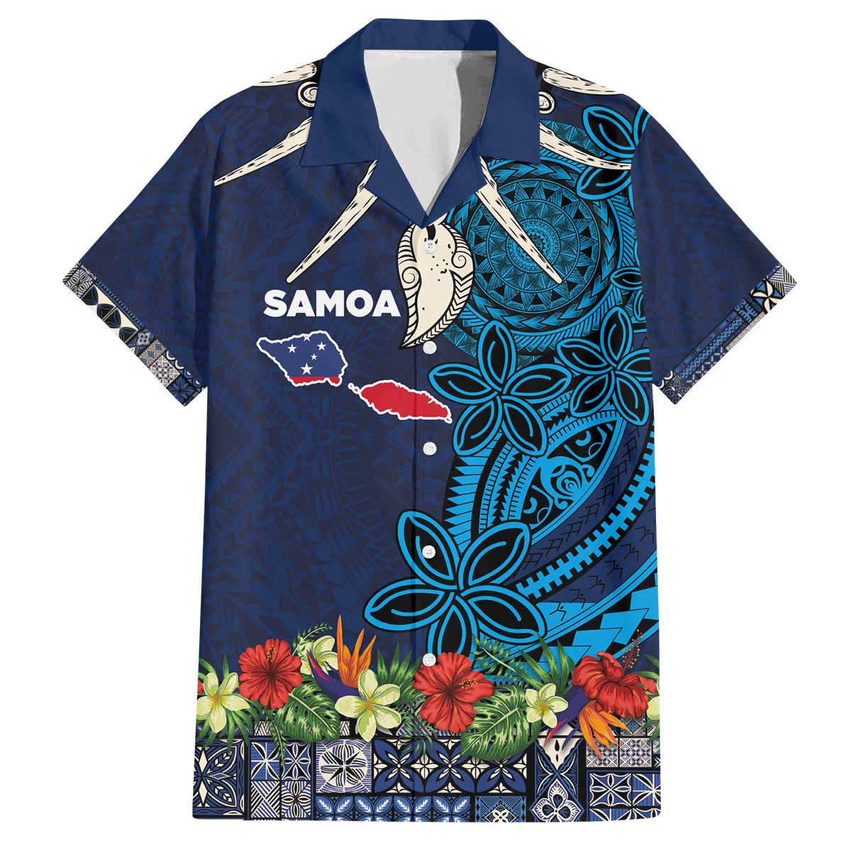 Samoa Siapo Polynesian Art Family Matching Off The Shoulder Long Sleeve Dress and Hawaiian Shirt Tropical Flowers and Tatau Pattern Navy LT03 Dad's Shirt - Short Sleeve Navy - Polynesian Pride
