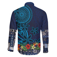 Samoa Siapo Polynesian Art Family Matching Off The Shoulder Long Sleeve Dress and Hawaiian Shirt Tropical Flowers and Tatau Pattern Navy LT03 - Polynesian Pride