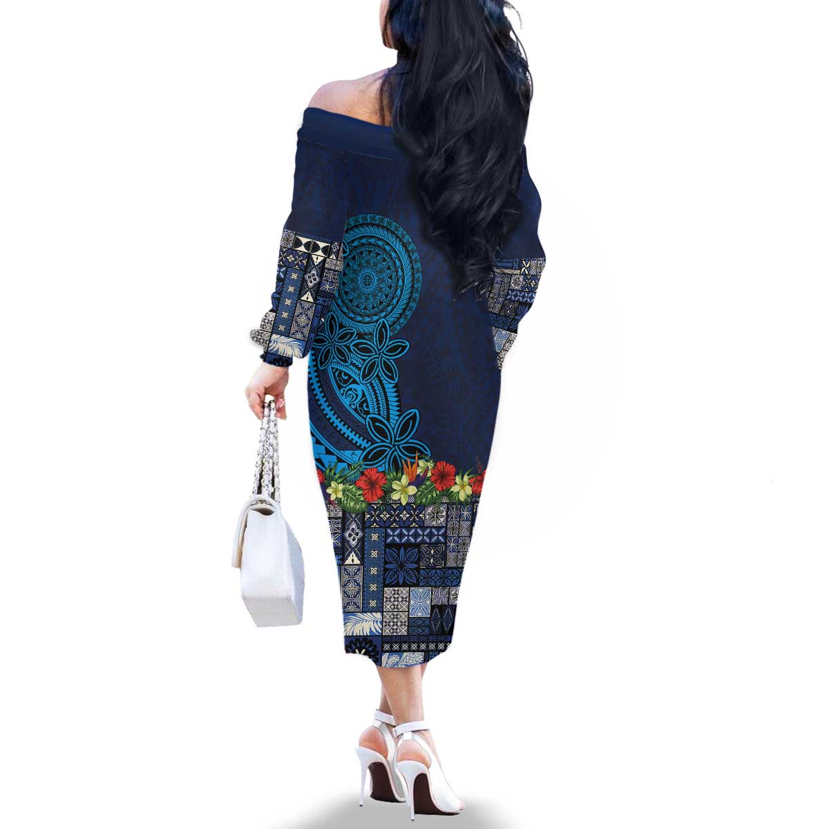 Samoa Siapo Polynesian Art Family Matching Off The Shoulder Long Sleeve Dress and Hawaiian Shirt Tropical Flowers and Tatau Pattern Navy LT03 - Polynesian Pride