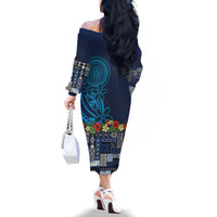 Samoa Siapo Polynesian Art Family Matching Off The Shoulder Long Sleeve Dress and Hawaiian Shirt Tropical Flowers and Tatau Pattern Navy LT03 - Polynesian Pride