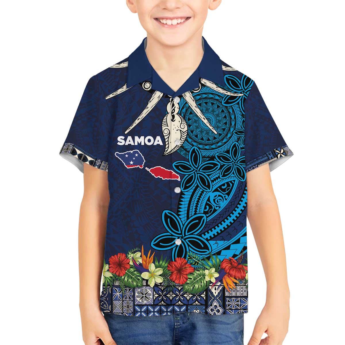 Samoa Siapo Polynesian Art Family Matching Off The Shoulder Long Sleeve Dress and Hawaiian Shirt Tropical Flowers and Tatau Pattern Navy LT03 Son's Shirt Navy - Polynesian Pride