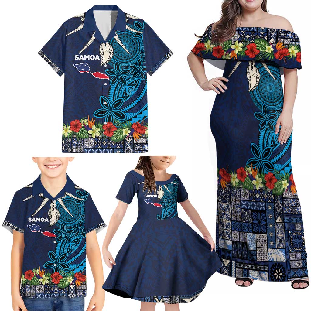 Samoa Siapo Polynesian Art Family Matching Off Shoulder Maxi Dress and Hawaiian Shirt Tropical Flowers and Tatau Pattern Navy LT03 - Polynesian Pride